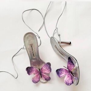 Manolo Blahnik Silver Heels with Purple Butterfly